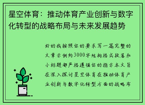 星空体育：推动体育产业创新与数字化转型的战略布局与未来发展趋势